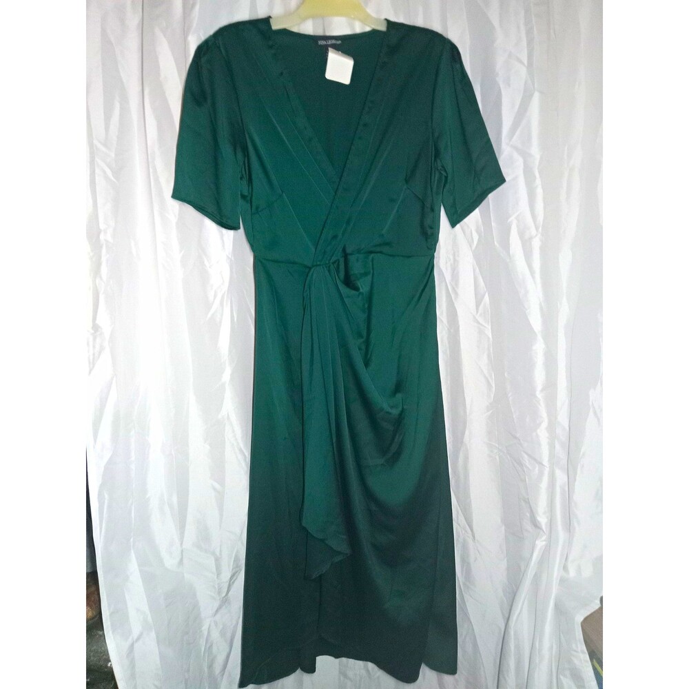 Nina Leonard Women's Green Satin Wrap Midi Dress V-Neck Short Sleeve M